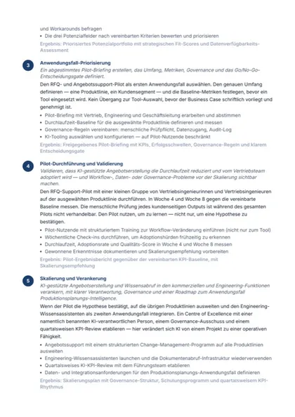 Beispiel-Report: Roadmap von der Priorisierung des Anwendungsfalls über den Pilot bis zur Skalierung
